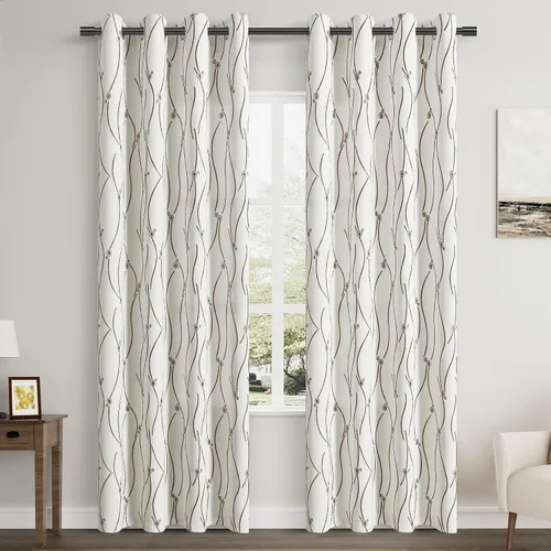 Vista 17 de Joywell Cortinas jacquard con ojales para sala de estar, 108 pulgadas de largo, línea ondulada negra con patrón de puntos, cortinas bordadas