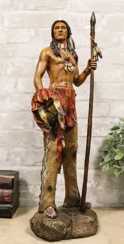 Vista 2 de Ebros Gift Gran nativo americano indio águila guerrero tribal héroe tribal con lanza y escudo de guardia de pie 22 pulgadas de alto, estatua como