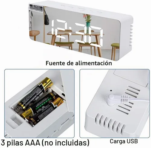 Vista 7 de Reloj despertador digital, pantalla LED grande con espejo con función de repetición, brillo ajustable, adecuado para el hogar, dormitorio, sala