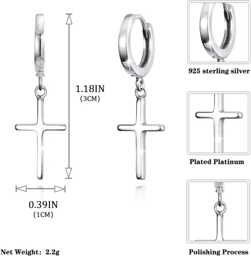 Vista 5 de Aretes de cruz de plata de ley 925, delicados aretes de aro para mujeres y hombres