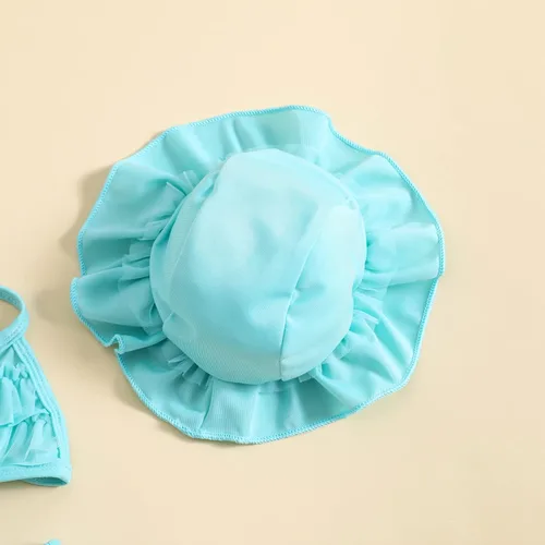 Vista 4 de Yccutest Traje de baño de flores para bebé, 3 piezas, parte superior triangular, parte inferior con volantes, sombrero para el sol, conjunto