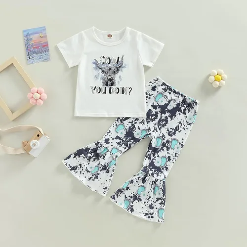 Vista 79 de fhutpw Conjunto de camiseta de manga corta con estampado de vaca y pantalones acampanados de dibujos animados para niñas