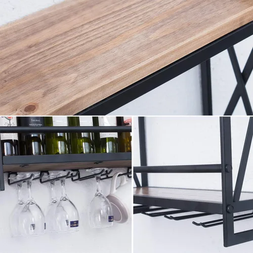 Vista 5 de MBQQ Estantes de vino rústicos montados en la pared con soporte para vidrio de 6 vástagos, estante de vino industrial de metal de 23.6 pulgadas