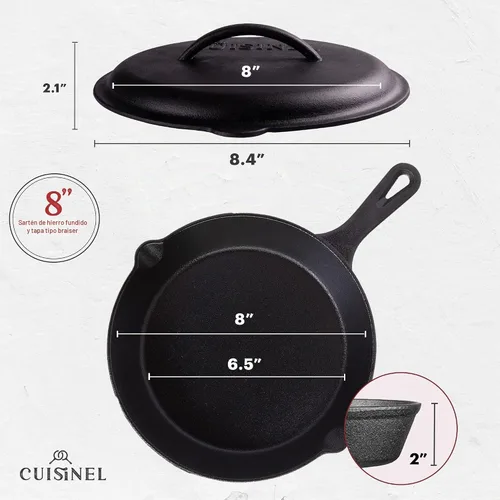 Vista 2 de Cuisinel Sartén de hierro fundido con tapa, juego de sartén cubierta pre-sazonada de 8 pulgadas + mango de silicona y soportes de tapa +
