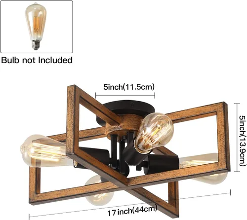 Vista 4 de KEESFU Lámpara de techo retro semiempotrada de 4 luces, con acabado de grano de madera de granja, iluminación rústica para dormitorio, sala
