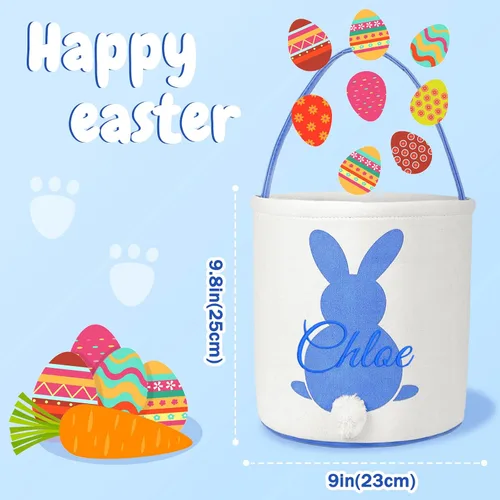 Vista 4 de Cesta de lona de Pascua personalizada con asa, cubo de huevo y conejo, color azul