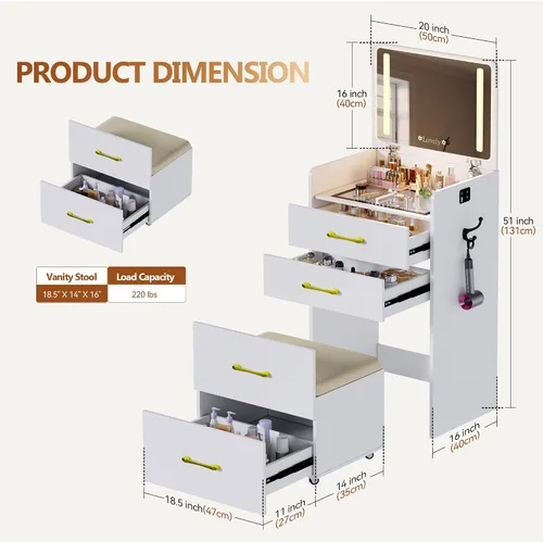 Vista 6 de Escritorio de tocador 3 en 1 con espejo abatible y luces, mesa de tocador de maquillaje con parte superior de vidrio con estación de carga, tocador