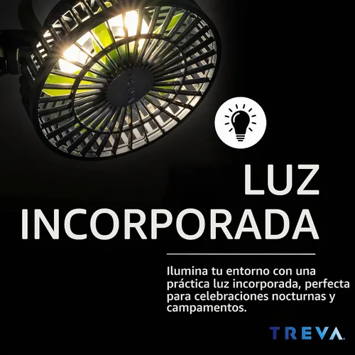 Vista 4 de Treva - Ventilador de trípode de 5 pulgadas con luz y soporte para teléfono recargable de 3 velocidades
