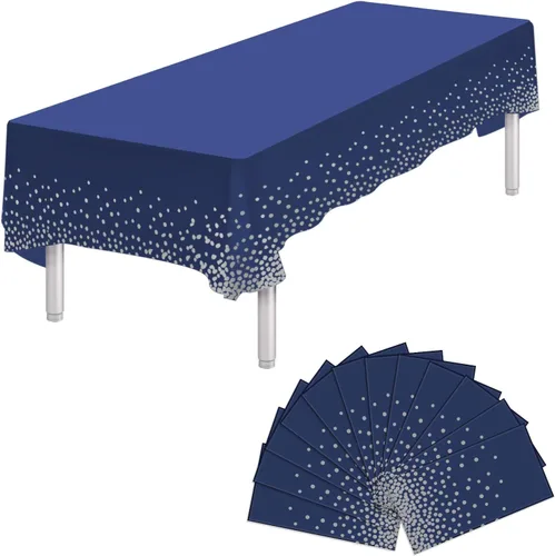 Vista 10 de Paquete de 4 manteles de plástico desechables azules y dorados para mesa rectangular, manteles desechables de 54 x 108 pulgadas, manteles