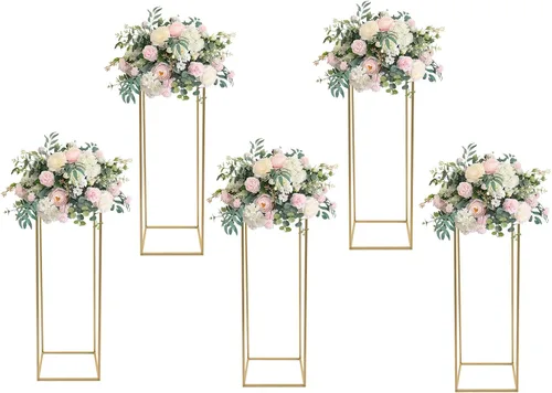 Vista 14 de 10 soportes de metal para centros de mesa de boda, jarrones de columna, soporte de flores de boda, soporte rectangular geométrico dorado