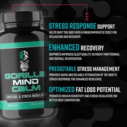 Vista 4 de Gorilla Mind Calma (120 cápsulas) - Potente relajación y reducción del estrés Cortisol y modulador del estrés Recuperación mejorada