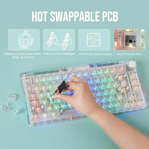 Vista 5 de KiiBoom Phantom 81 - Teclado mecánico para juegos 75% transparente, teclado de junta personalizado intercambiable en caliente con retroiluminación