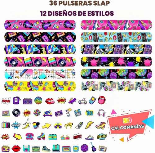 Vista 3 de Sinmoe 86 pulseras de los años 80 y 90 con calcomanías retro