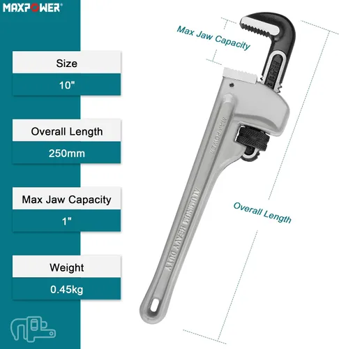 Vista 2 de MAXPOWER Llave de tubo de 10 pulgadas, llave de plomería ajustable de aluminio 40% más ligera