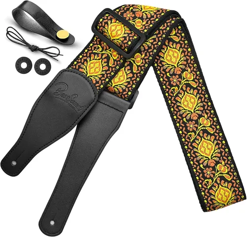 Vista 9 de Correa de guitarra, correas de algodón bordado jacquard con extremos de cuero genuino correa de hombro para bajo, acústico, guitarra eléctrica