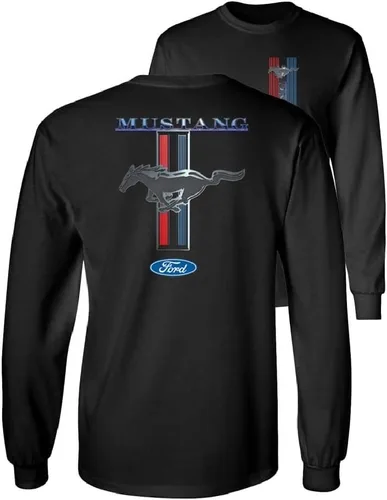 Vista 7 de Ford Mustang Pony Racing Stripe 5.0 Muscle Cars Camiseta de manga larga con estampado delantero y trasero Azul marino