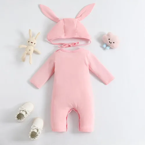 Vista 3 de Yoxindax Trajes de bebé recién nacido, traje de conejo, mameluco lindo con gorro para niñas (0-3 meses), Rosado