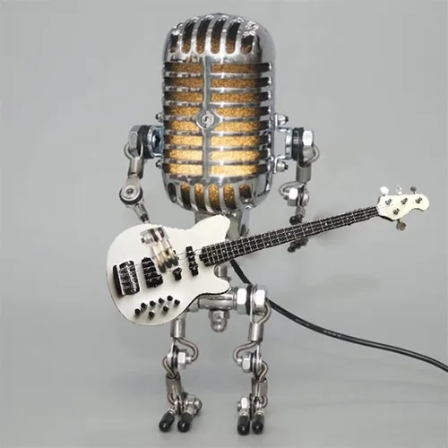 Vista 11 de Lámpara robótica de guitarra con micrófono vintage, regalos de música para hombres, regalos geniales para amantes de la música, luz vintage