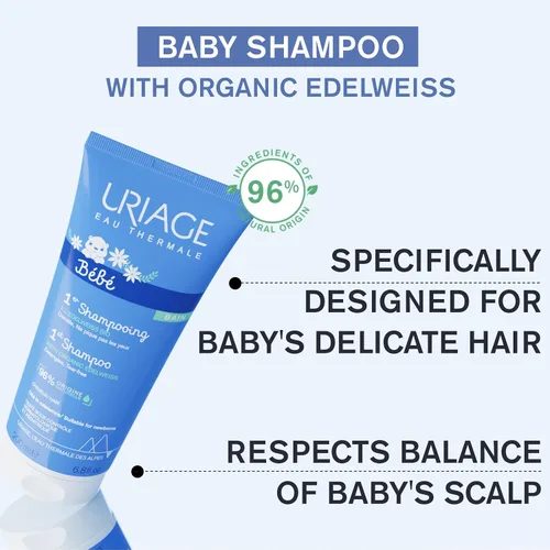 Vista 3 de Uriage Baby 1St Champú con Edelweiss orgánico, deja el cabello suave y flexible, respeta el equilibrio del cuero cabelludo del bebé, sin lágrimas