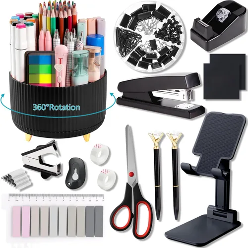 Vista 33 de Suministros de oficina, accesorios de escritorio negros, juego de suministros de oficina, juego de grapadora y dispensador de cinta, tijeras