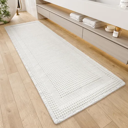 Vista 8 de AMOAMI Tapete de baño absorbente, diseño de punto gofre, antideslizante, lavable a máquina, con borlas, ultrasuave, bohemio, para piso, 2 x 4 pies
