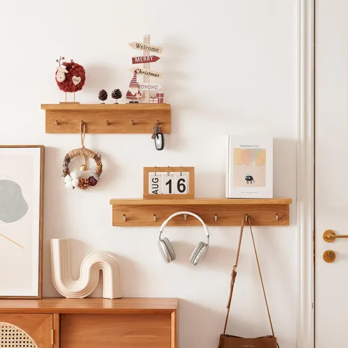 Vista 4 de Perchero de madera de roble con estante de 20 pulgadas de largo, 5 ganchos, estante flotante de pared de entrada para baño, pasillo, sala de estar