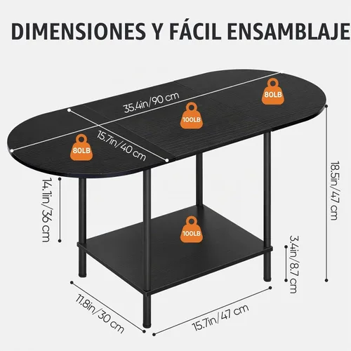 Vista 2 de Mesas de café negras para sala de estar, mesa de centro oval pequeña de mediados de siglo con estante de almacenamiento y tablero de madera, mesa