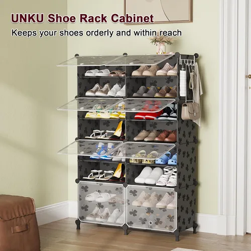 Vista 4 de UNKU Zapatero de 8 niveles, armario de almacenamiento de zapatos de 32 pares de estantes de plástico para zapatos, organizador para armario, Negro