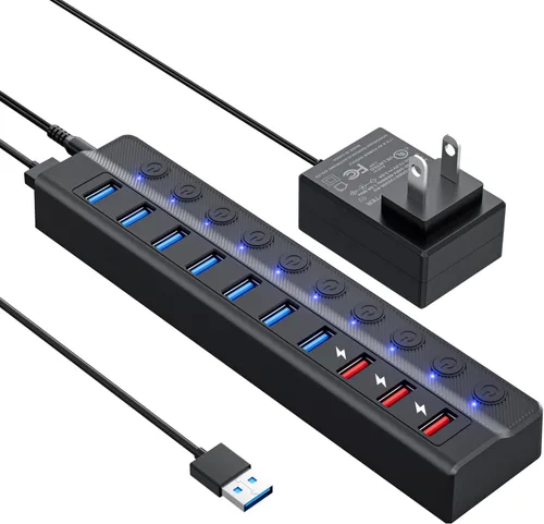Vista 8 de ONFINIO Hub USB 3.0, concentrador divisor USB de 10 puertos Azul claro