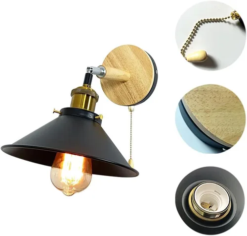 Vista 5 de Juego de 2 apliques de pared Vintage Negros, con Base de Madera de 1 luz, interruptor de cadena y diseño cónico. Ideal para mesilla de Noche, sala