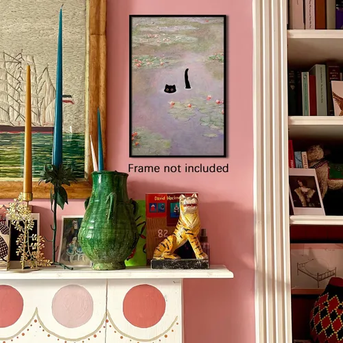 Vista 4 de CAXIYSH Arte de pared de gato negro Monet, póster de lirios acuáticos, vintage, divertido, floral, gato, lienzo, pinturas famosas, impresiones