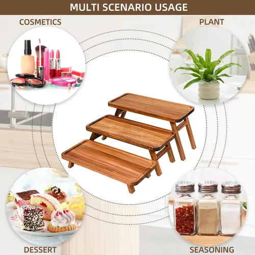 Vista 12 de GEHE Bandeja de servir de 3 niveles, bandeja escalonada de madera de acacia plegable, juego de exhibición de mesa de postre, decorada para tablas