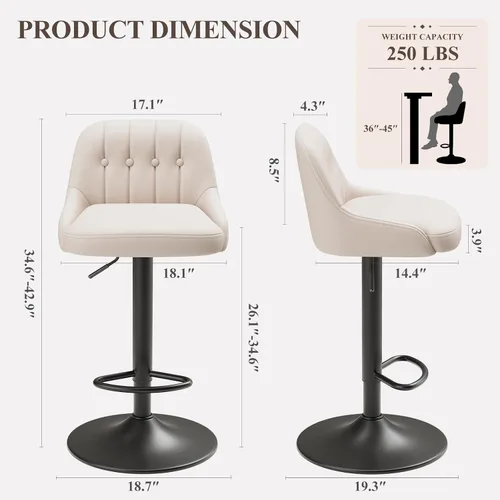 Vista 2 de MALOL Bar Stools Set of 1, Swivel Bar Chairs, Modern Adjustable PU Leather Upholstered Barstools Counter Height with Tufted Back for Bar, Kitchen