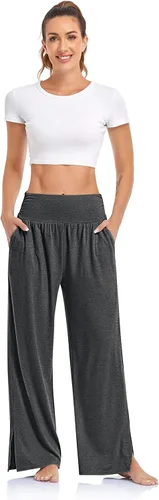 Vista 2 de UEU Pantalones de yoga de pierna ancha para mujer, cintura alta, ajustables, con lazo, casuales, holgados, talla grande, pantalones deportivos