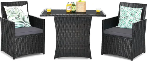 Vista 16 de Tangkula Juego de comedor de mimbre de 3 piezas, 2 sillas de ratán con mesa de comedor rectangular de vidrio templado, juego de conversación al aire