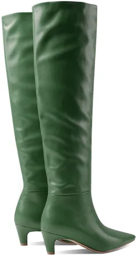 Vista 3 de MOOMMO Botas altas de tacón de gatito sobre la rodilla para mujer, punta cuadrada, de cuero mate, de meter de pantorrilla ancha, plisadas, tacón