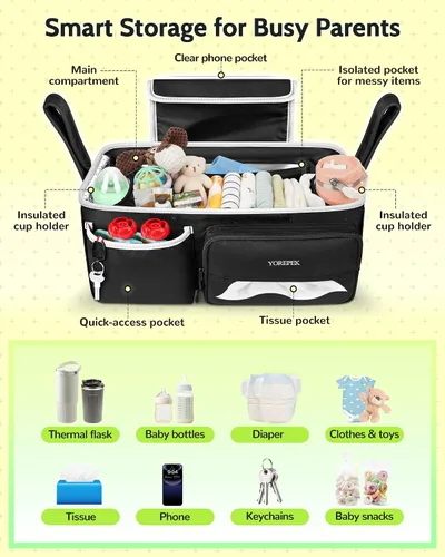 Vista 5 de YOREPEK - Carrito grande para cochecito de bebé, accesorios para UPPAbaby Vista/Cruz 2 Insulated Cup Holders, Wipes Pocket, Clear Phone Slot