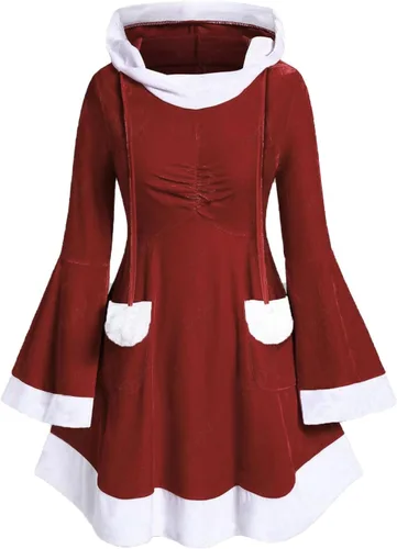 Vista 4 de Disfraz de Sra. Claus de talla grande, sexy, de piel profunda, cuello en V, vestido de Navidad, retro, estampado a cuadros, vestido de fiesta