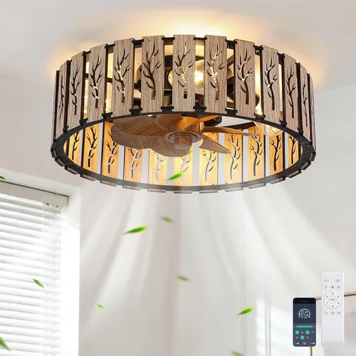 Vista 12 de Ganeed Ventilador de techo bohemio de 20 pulgadas con luz, ventilador de techo enjaulado de ratán tejido a mano con luz y control remoto, ventilador
