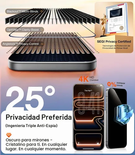 Vista 4 de UltraGlass 9H+ Vidrio para iPhone 16 Pro Protector de pantalla de privacidad [Grado militar N.º 1 a prueba de roturas y 100% anti espía] Protector