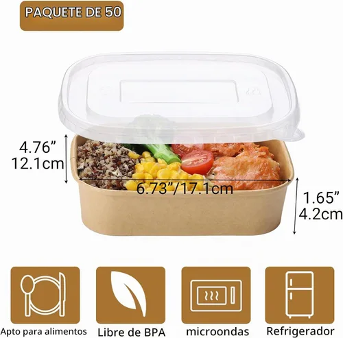 Vista 2 de 50 juegos de cuencos de papel kraft desechables de 17 onzas con tapas, rectangulares