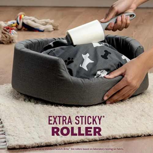 Vista 5 de Scotch-Brite - Rodillo antipelusa extra pegajoso para pelo de mascotas, diseñado para quitar el pelo y la pelusa de sofás, ropa, camas de perros