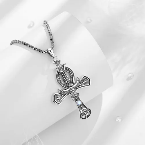 Vista 3 de Vito Egyptian Necklace for Women Men, 925 Sterling Silver AnubisAnkh CrossEvil EyeEgyptian Goddess Pendant for Mom Dad, Egypt Protection Jewelry