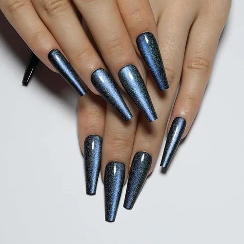 Vista 9 de Uñas postizas a presión largas, con brillo azul y diseño, acabado acrílico brillante, de cobertura completa, uñas postizas reutilizables para l002