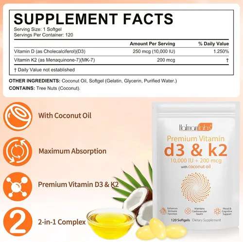 Vista 6 de newseel Cápsulas de vitamina D3 K2, suplemento de vitamina D3 y K2, suplemento de vitamina D3 y K2, suplemento D3, cápsulas blandas de aceite
