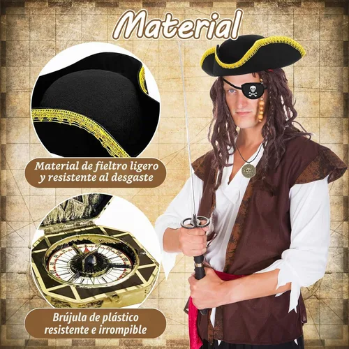 Vista 3 de Zddaoole 4PCS Pirate Hat,Renaissance Pirate Tricorn Hat with Eye Patch & Necklaces for Halloween Cosplay