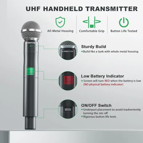 Vista 3 de Phenyx Pro Sistema de micrófono inalámbrico, micrófono inalámbrico UHF de 8 canales con micrófonos inalámbricos de mano de metal, micrófono dinámico