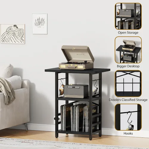 Vista 4 de YAKANJ Soporte para tocadiscos con escritorio extendido, mesa grande para tocadiscos con almacenamiento de vinilo, soporte para tocadiscos