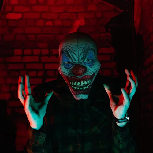 Vista 8 de Ferytyj Máscara de payaso colorida de Halloween aterradora y espeluznante accesorios de cosplay máscara de payaso de látex para adultos disfraz
