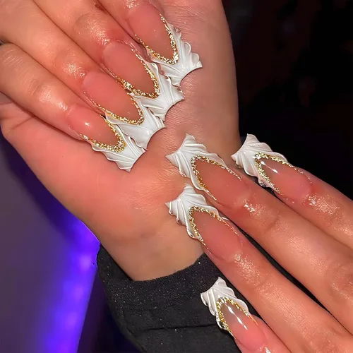 Vista 14 de IMSOHOT Uñas postizas, acrílicas de color naranja mate, puntas francesas cuadradas, 24 unidades, uñas extra largas con pegamento con bonitos diseños